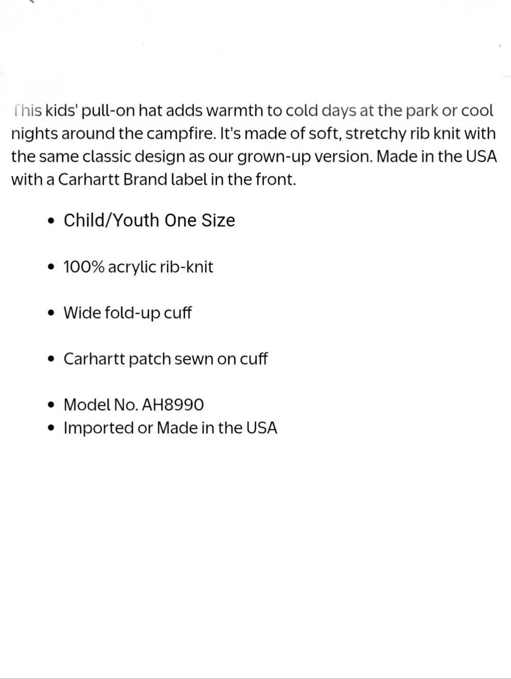 Carhartt Acrylic Ribbed Cuff Logo Patch Beanie Marshmellow AH8990 Unisex Youth